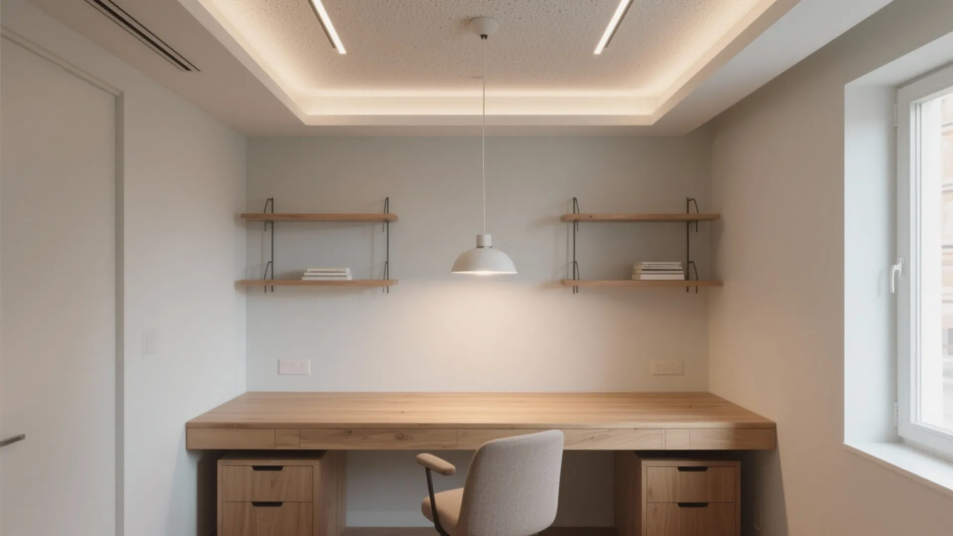 Modern home office featuring wooden desk grey chair wall shelves white ceiling light and hidden lighting