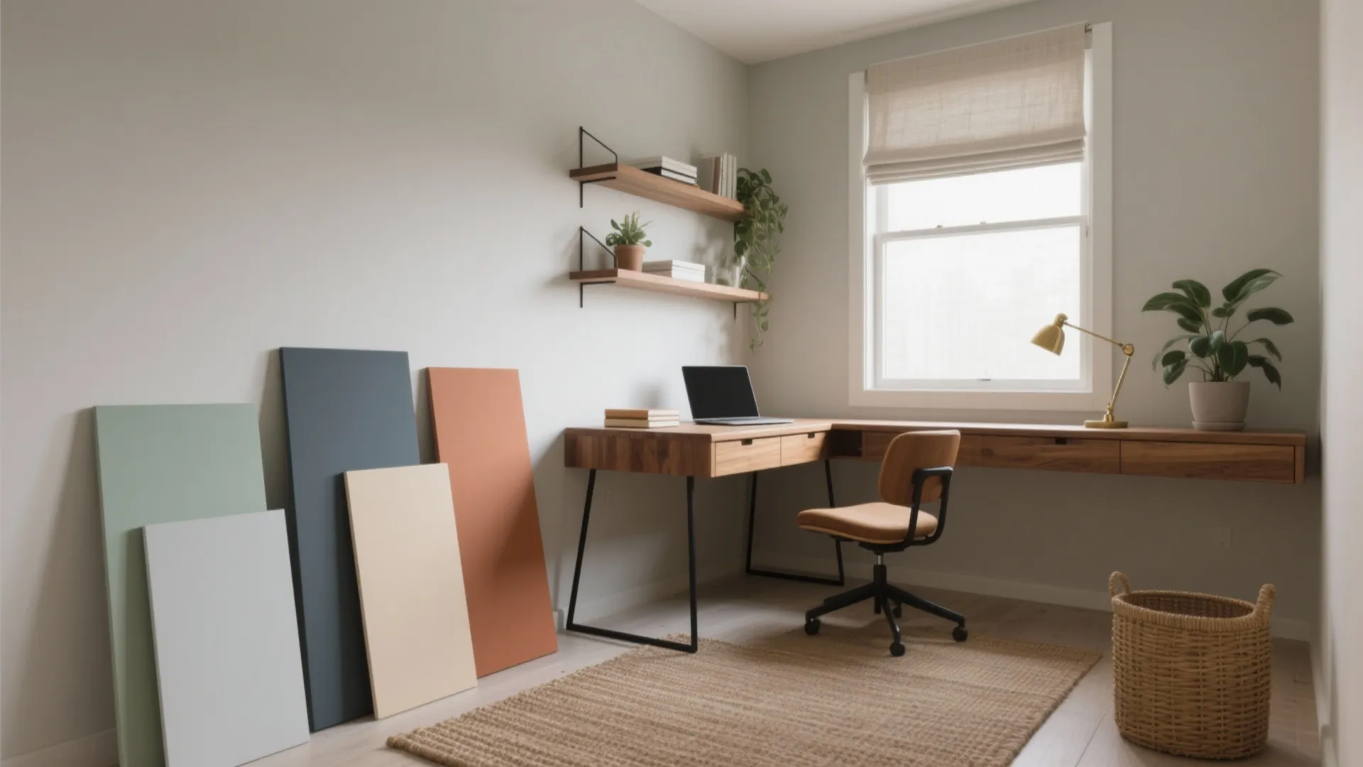 Modern home office with wooden desk laptop colorful wall panels plants window and brown chair