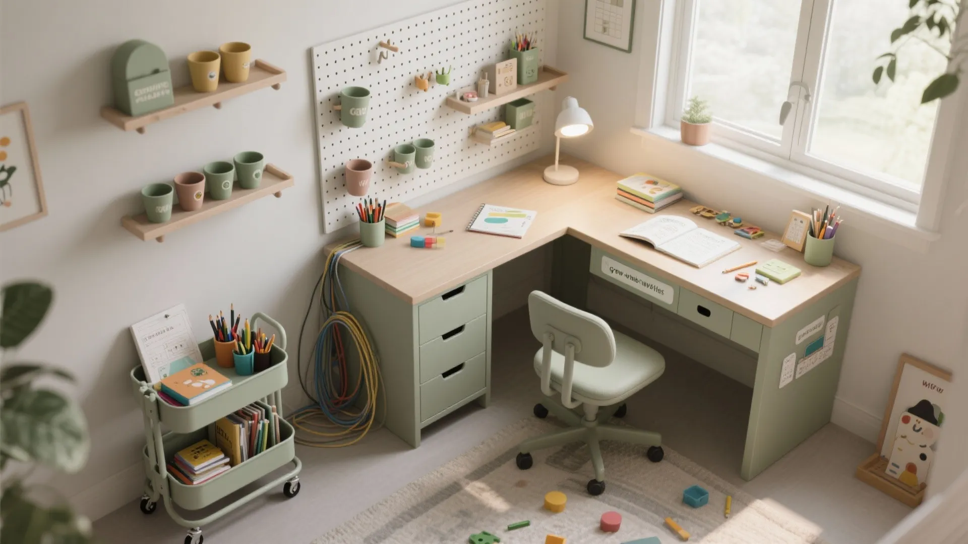 Modern kids study corner with green corner desk chair wooden wall shelves and pegboard organizer