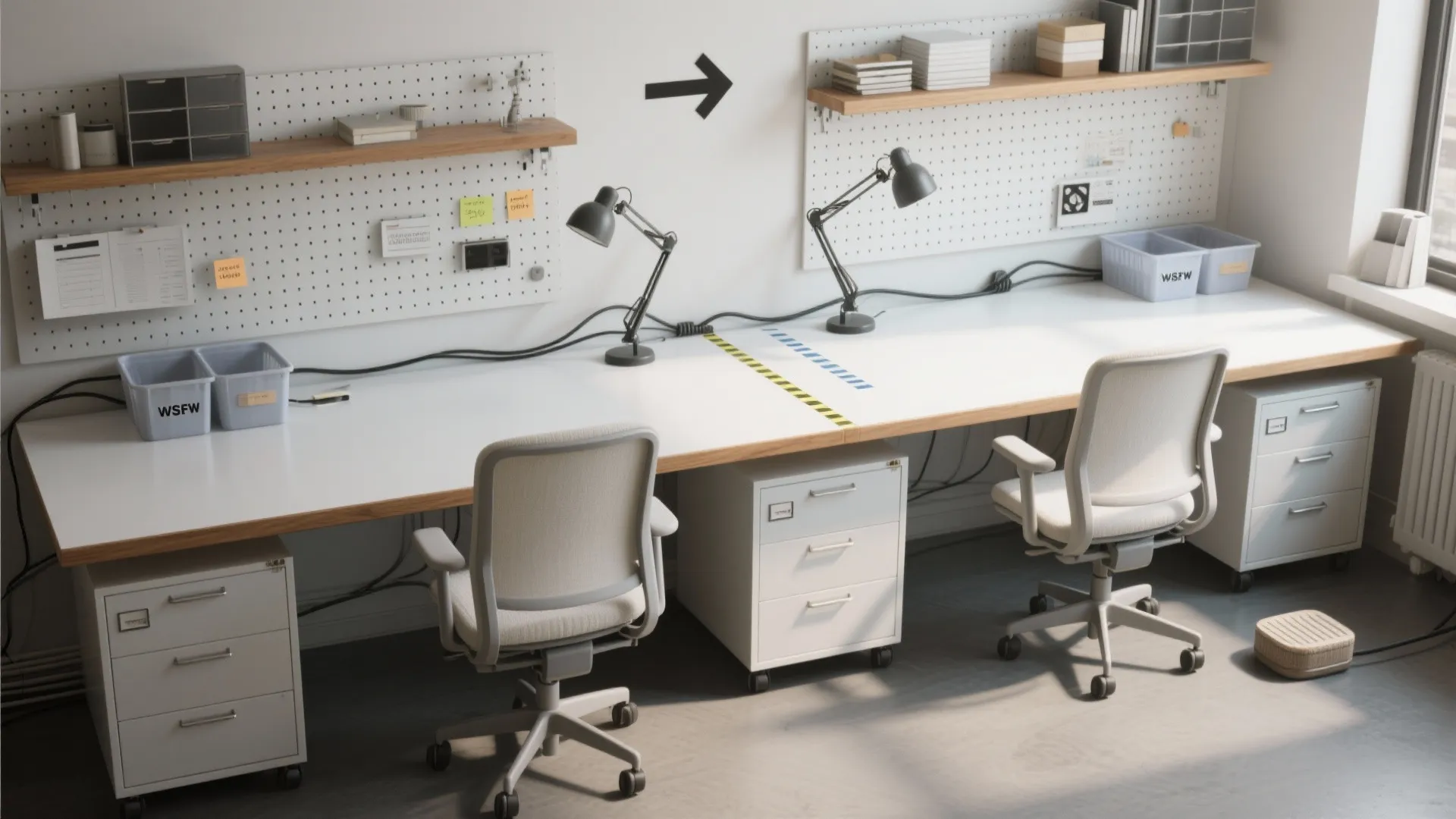 Modern shared home office workspace with white desks gray chairs wall boards and desk lamps