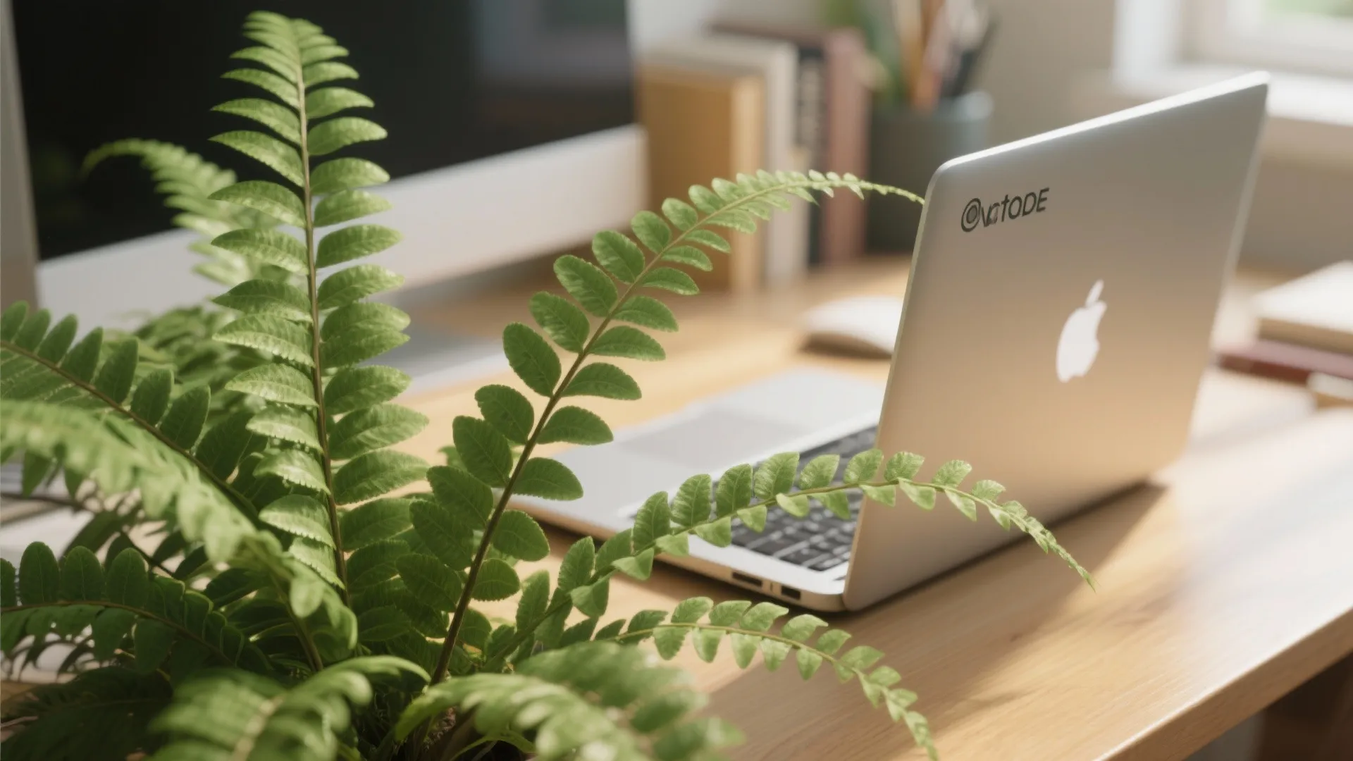 Green indoor fern next to a laptop on a study desk