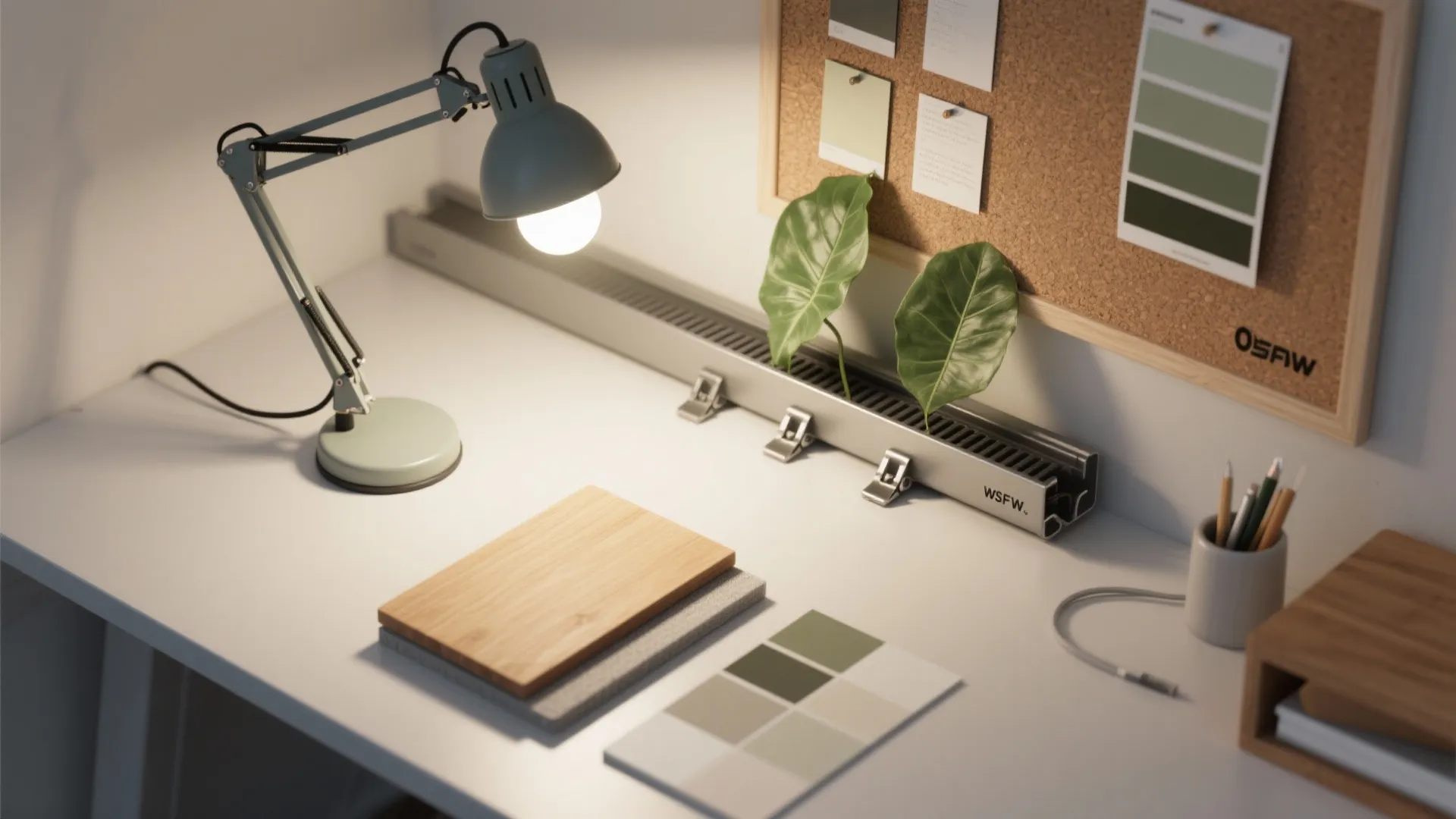 Flat-lay of small study essentials: high-CRI bulb, cable clips, pinboard, plant leaf, wood sample, color chips.