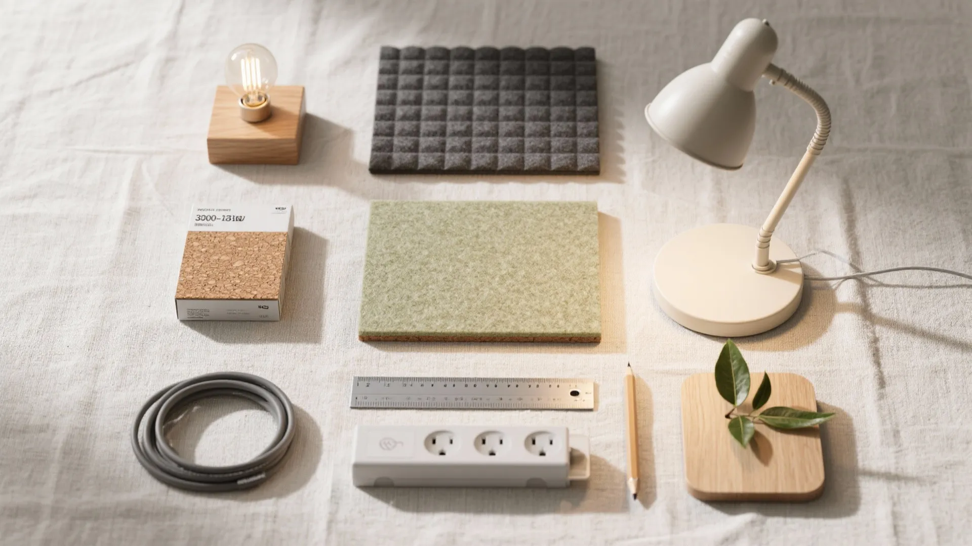 Flat lay arrangement of home office items including desk lamp light bulb ruler pencil samples