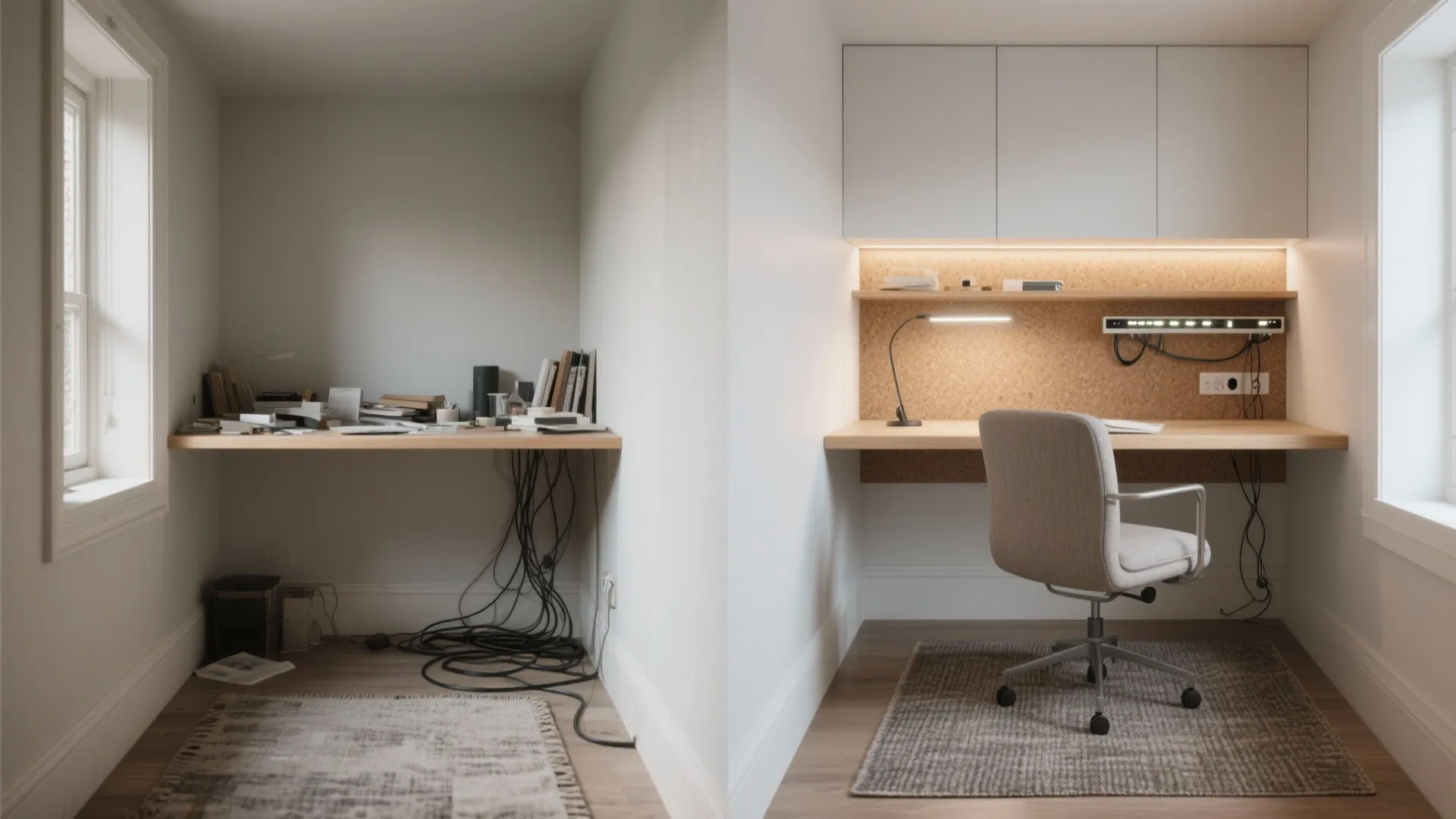 Before-and-after comparison of a messy home office desk versus a clean organized workspace with light