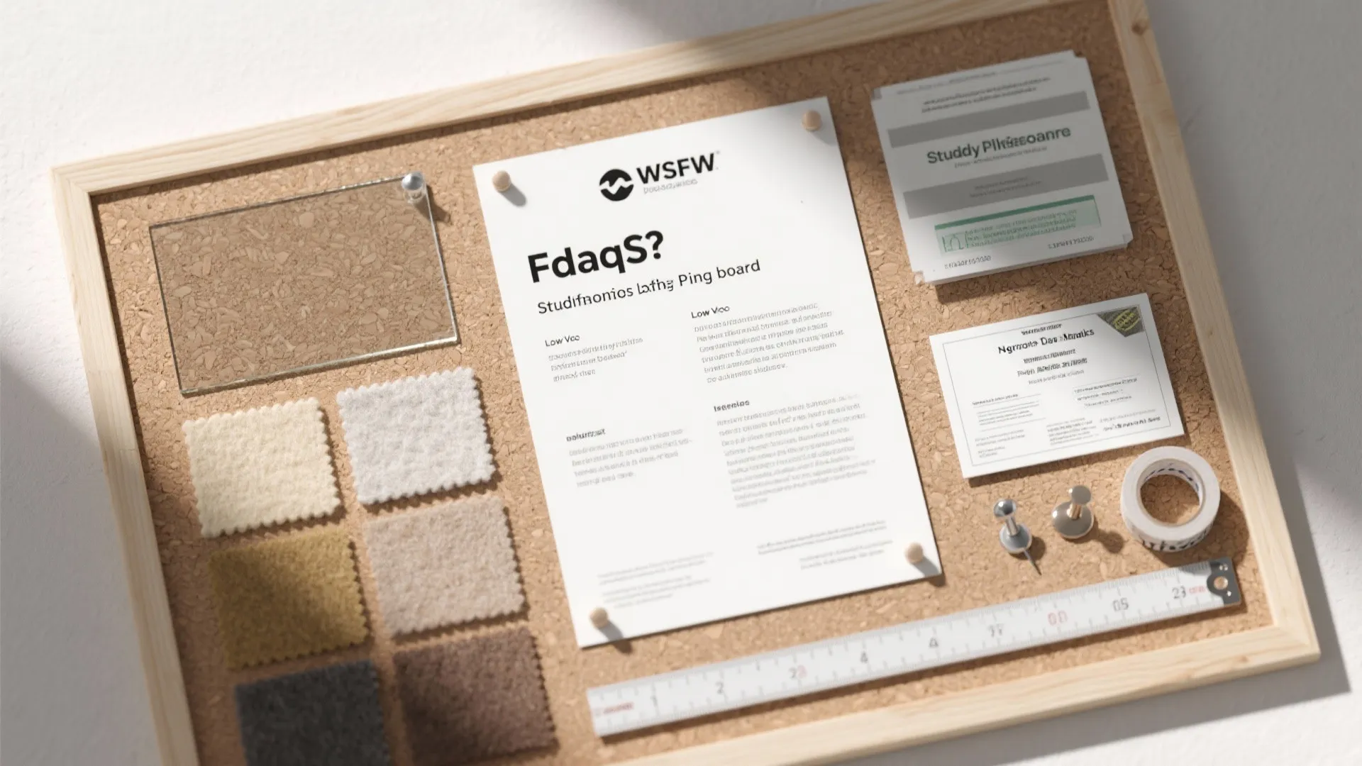 Wood frame cork board with fabric samples documents and office tools for interior design planning