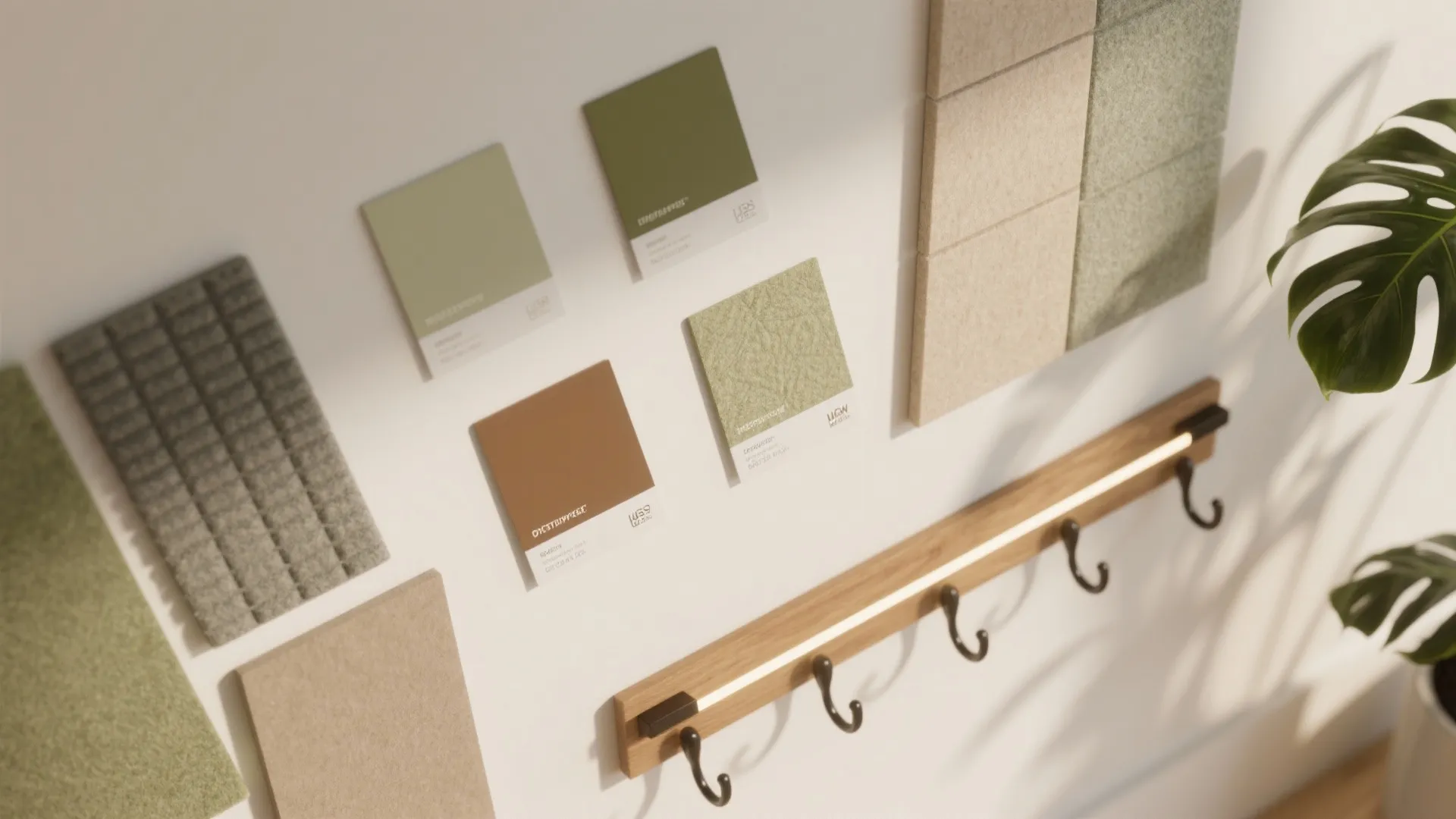 Close up view of color swatches and wall panels on a white wall with hooks