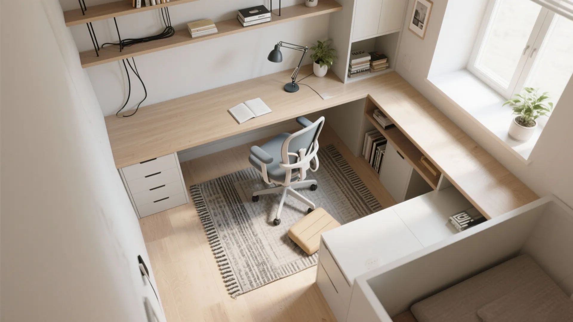 Top-down layout of a compact study room with desk, ergonomic chair, rug, shelves, and plant, showing clear zones.