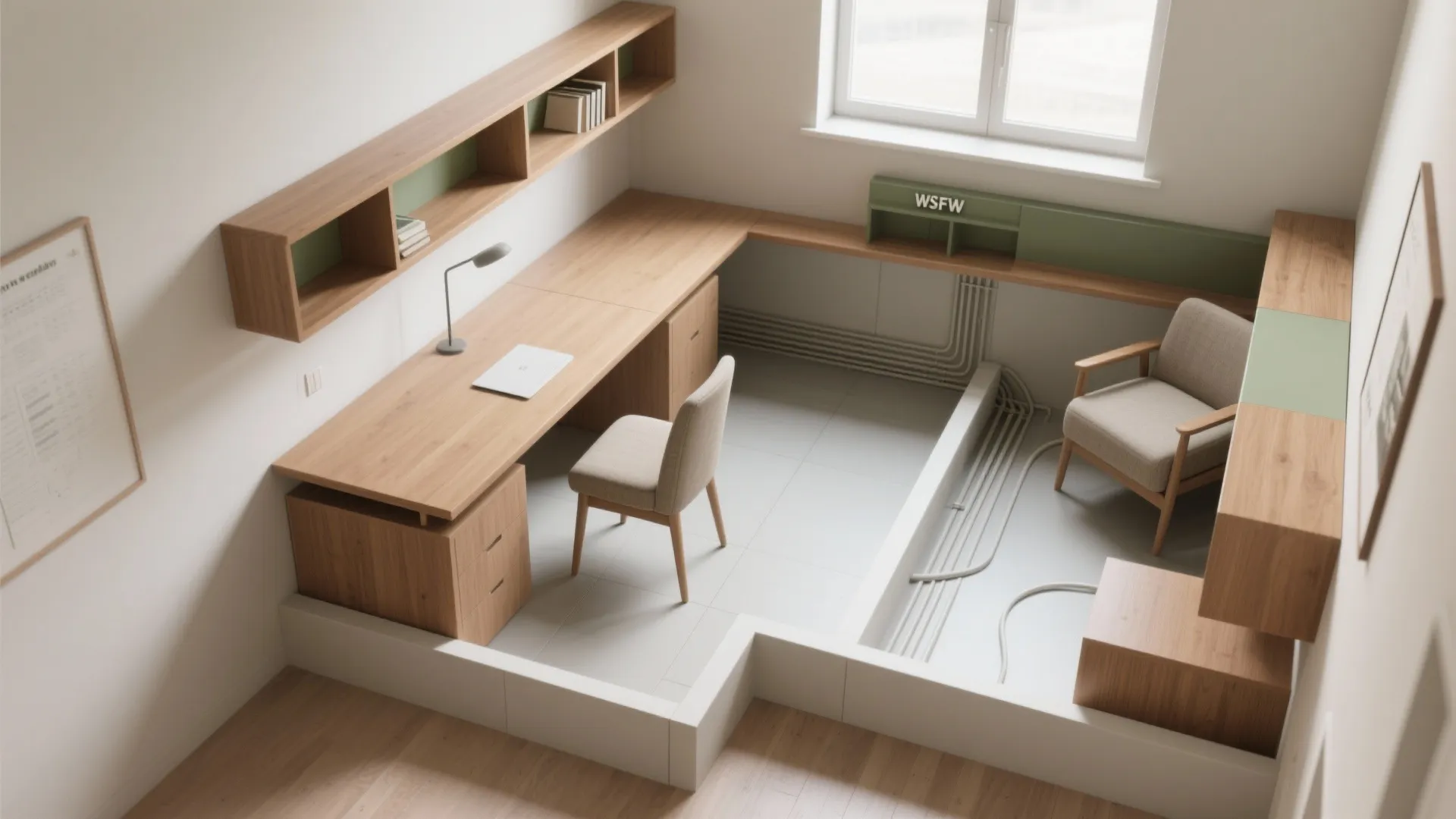 Modern home office with wooden desk chair wall shelves laptop and large window with light