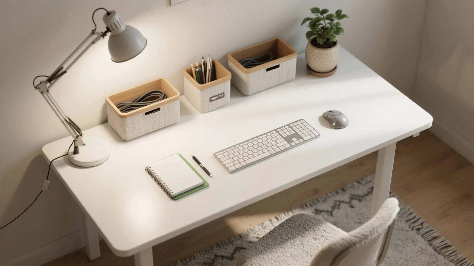 White desk with table lamp, wireless keyboard, mouse, notebook, storage boxes, and small green plant