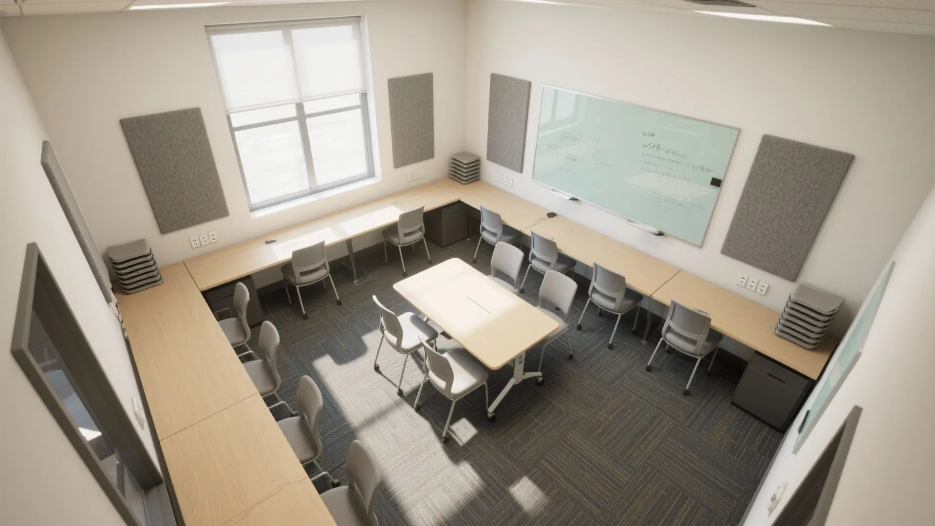 Top-down view of a compact study room showing an L-shaped desk, mobile table, acoustic panels, carpet tiles, and a writable wall.