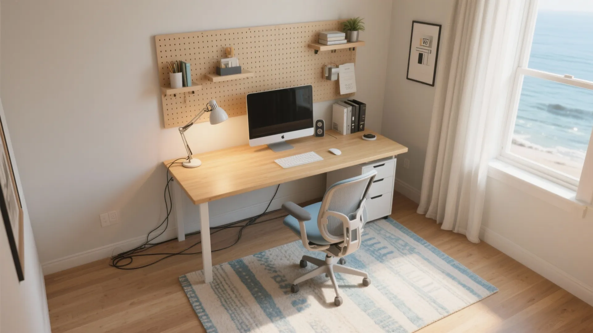 Home office with wooden desk computer pegboard wall storage and a window with sea view