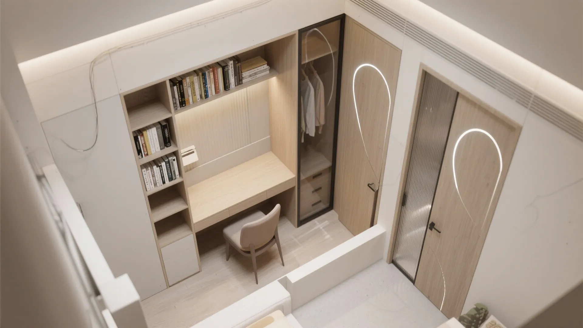 Top view of a small wood study area featuring built in desk bookshelves and chair