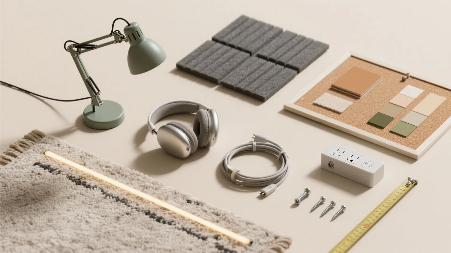 Flatlay of office accessories including green lamp, headphones, power strip, measuring tape, screws, and cork board