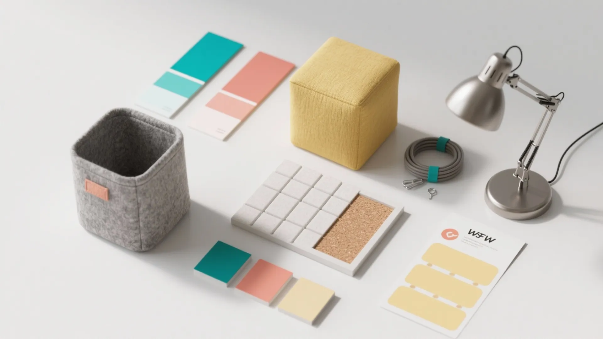 Tabletop view with grey bin color swatches yellow cube desk lamp and office organization tools