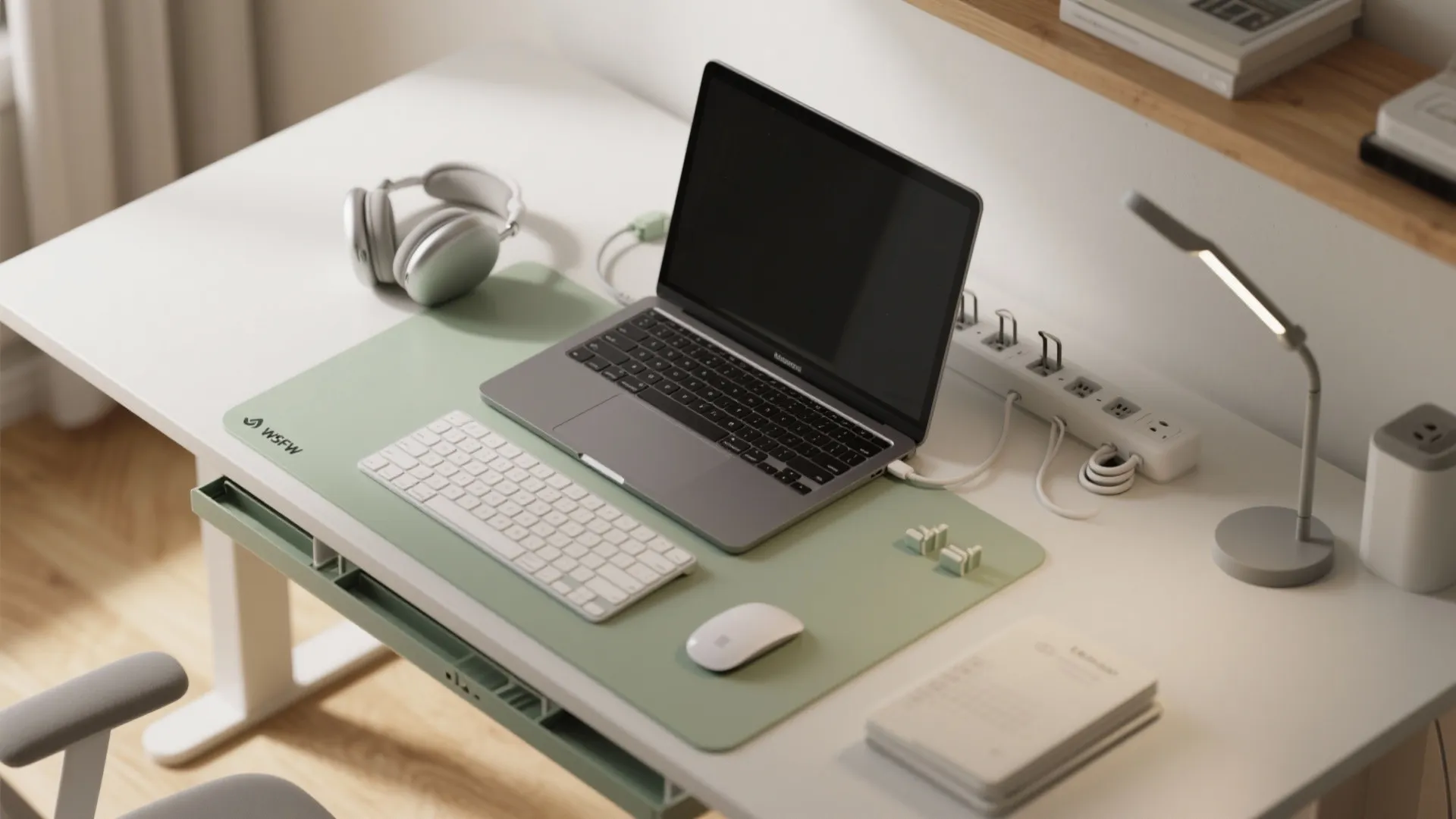 White standing desk with laptop keyboard green mat power strip table lamp and office accessories