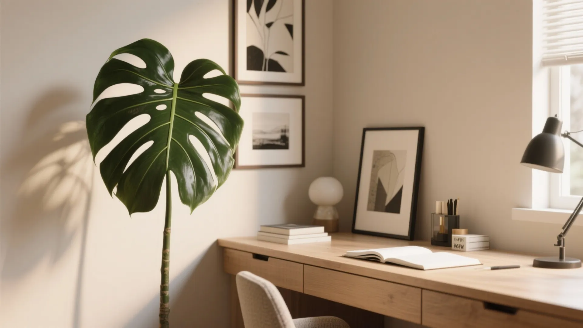 Large green leaf plant next to a wooden desk with a lamp and wall art