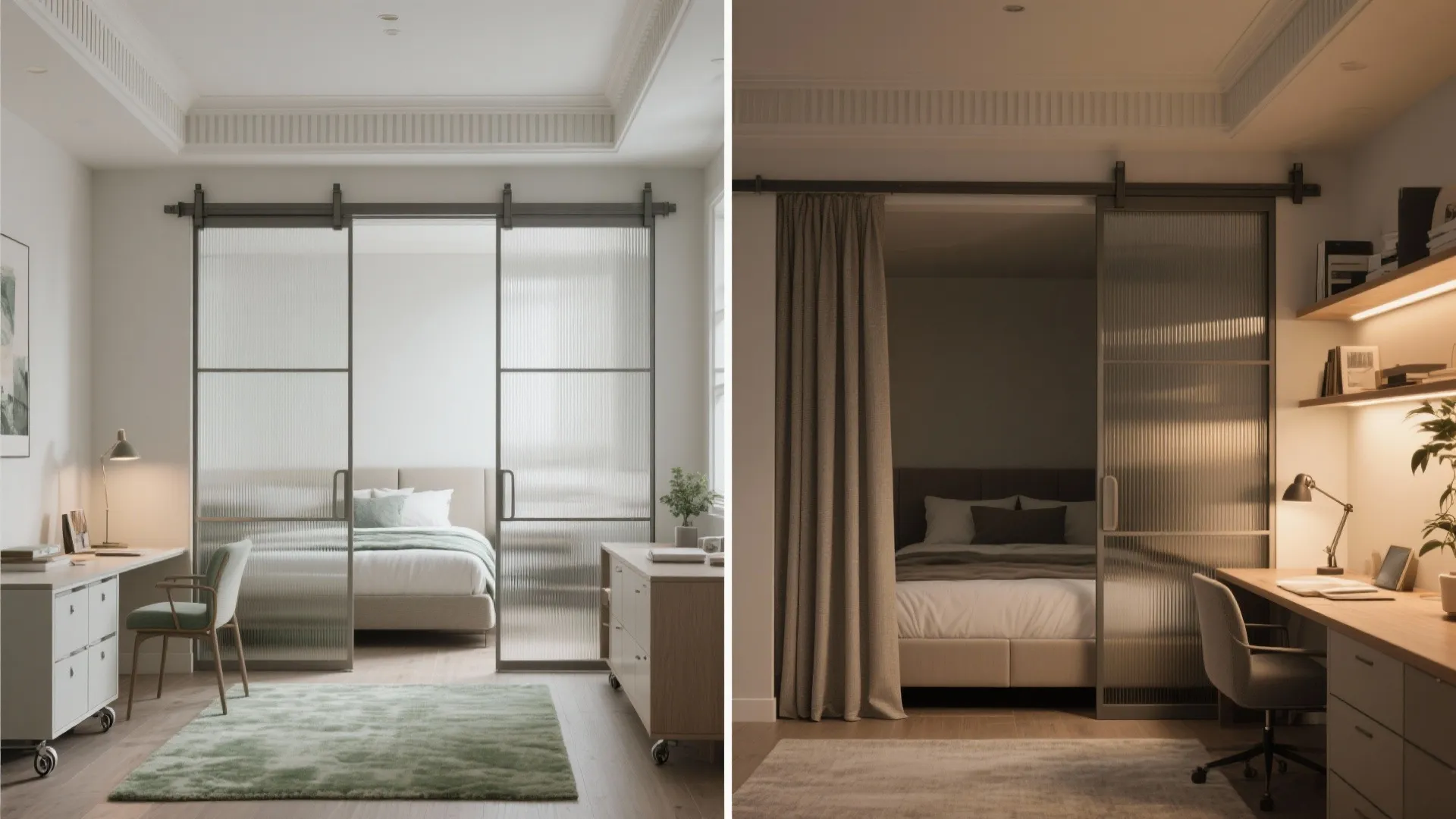 2) Sliding glass, one room—two lives (study by day, guest by night)
