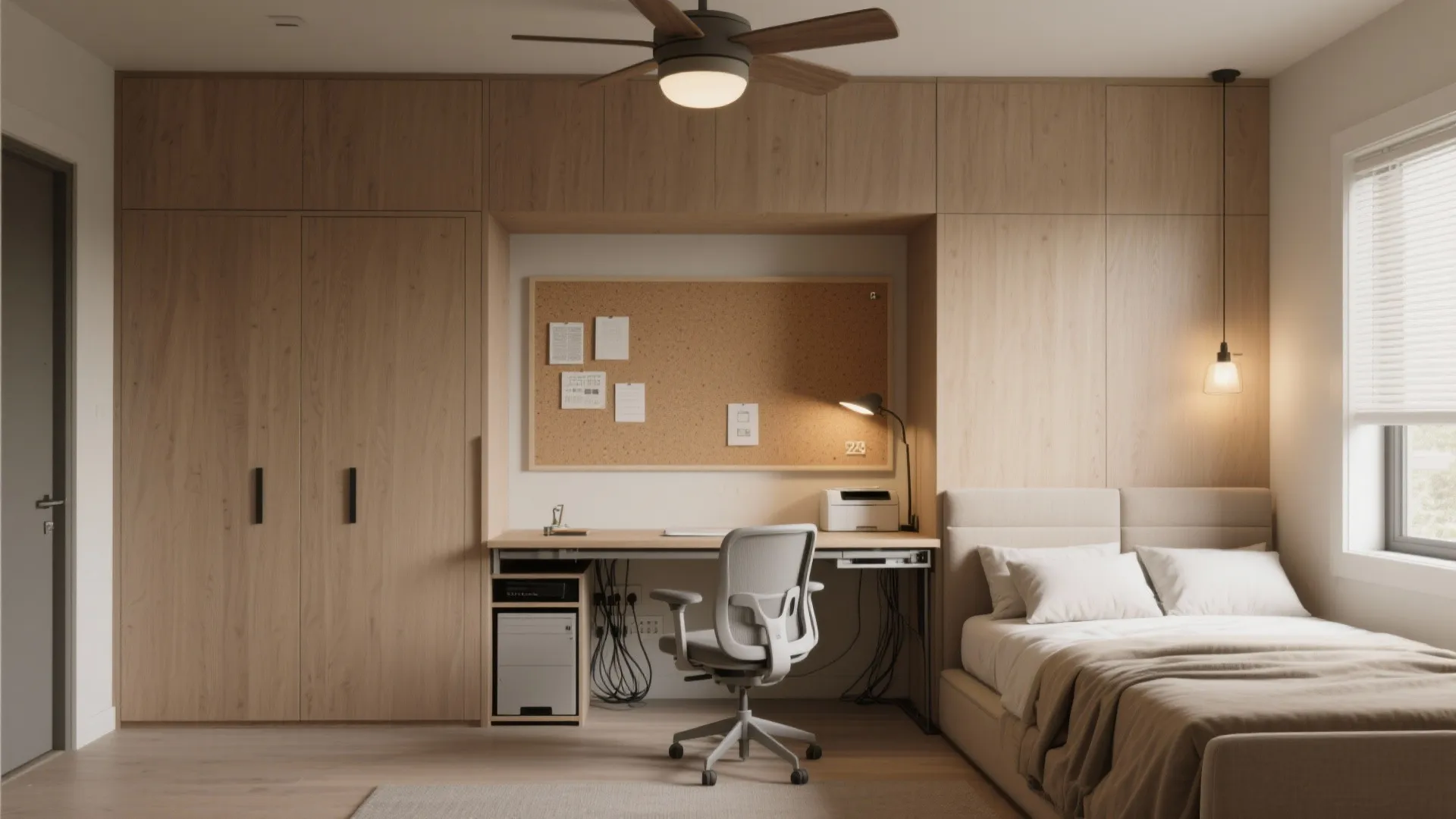 Compact home office and bedroom with wood wall panel desk chair bed and ceiling fan light