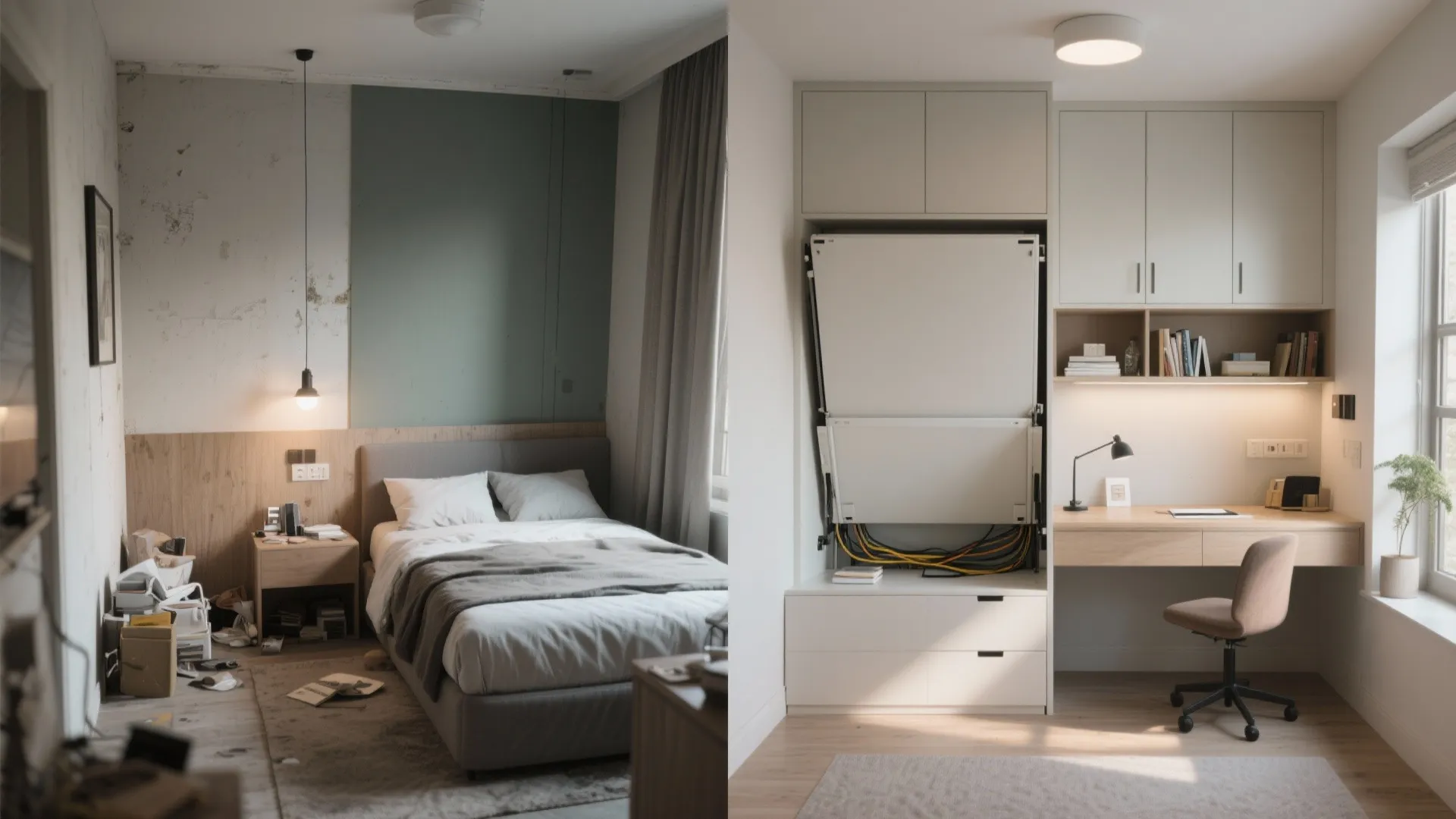 Before and after interior design drawing comparison of a cluttered bedroom transformed into organized home office