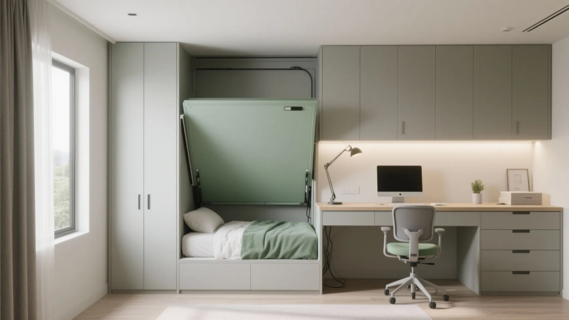 Small home office with desk chair computer and light green folding bed for guest room