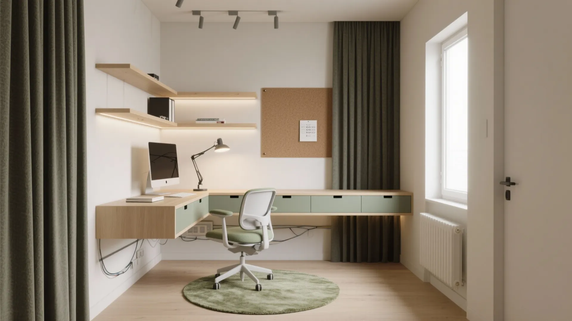 Modern home office with corner wooden desk green chair round rug and wall mounted shelves