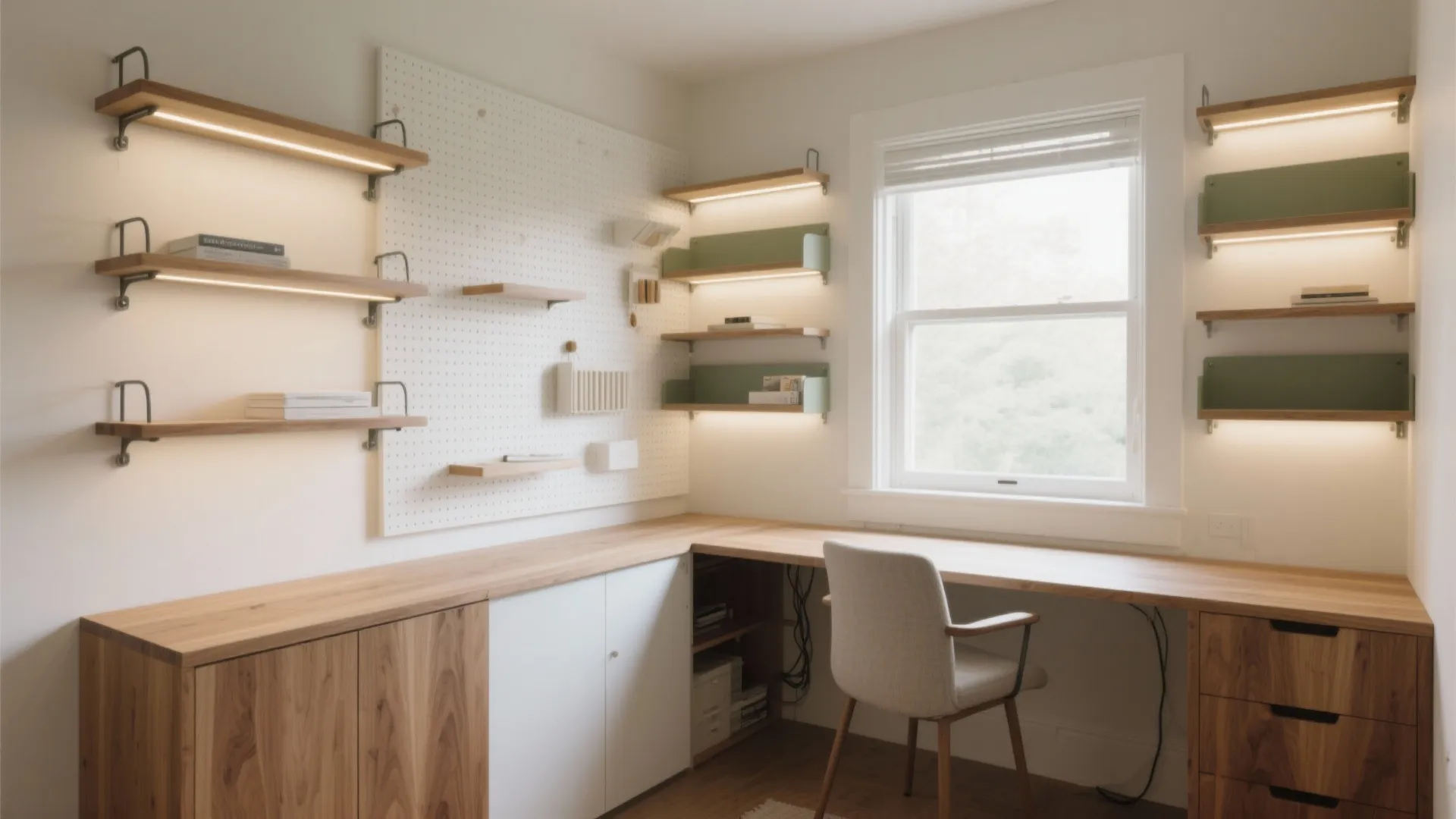 Modern home office featuring wooden corner desk grey chair wall shelves and a white pegboard