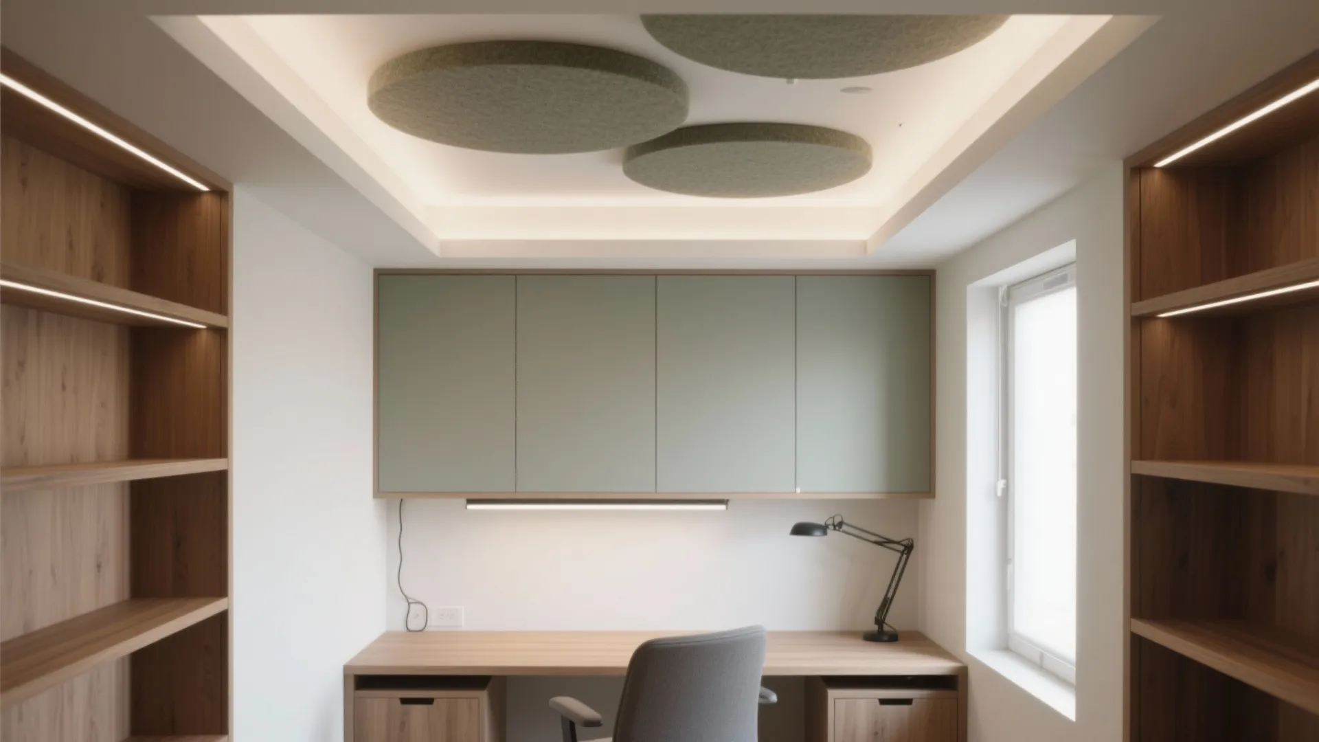 Modern home office with wooden desk bookshelves green cabinets ceiling lights and a grey office chair