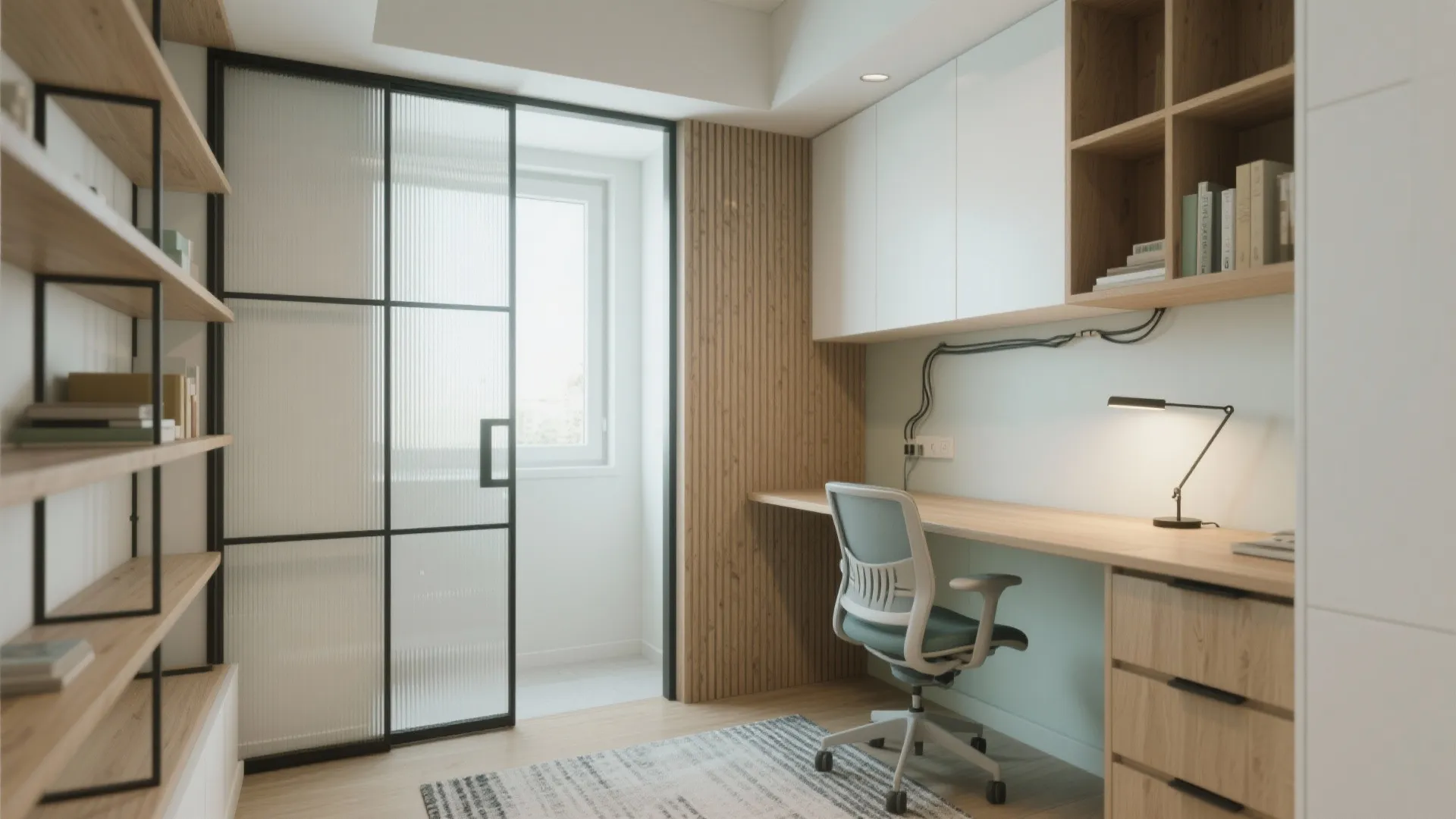 Modern study room with glass sliding door, wooden desk, white cabinets, and green swivel chair