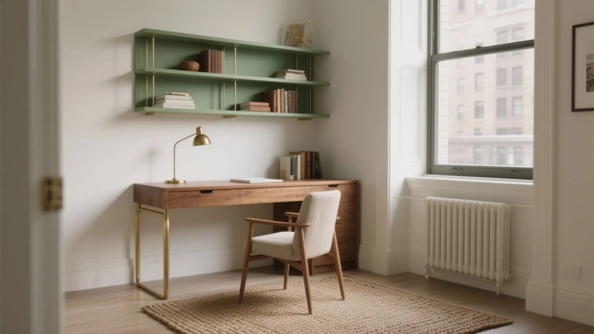 Modern home office with wooden desk, green wall shelves, gold desk lamp, and beige chair