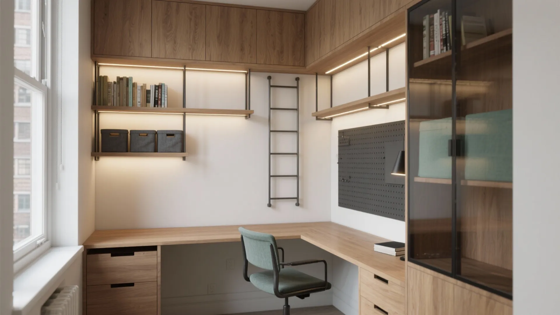 Modern home office with wooden corner desk green chair wall shelves cabinets and small black ladder