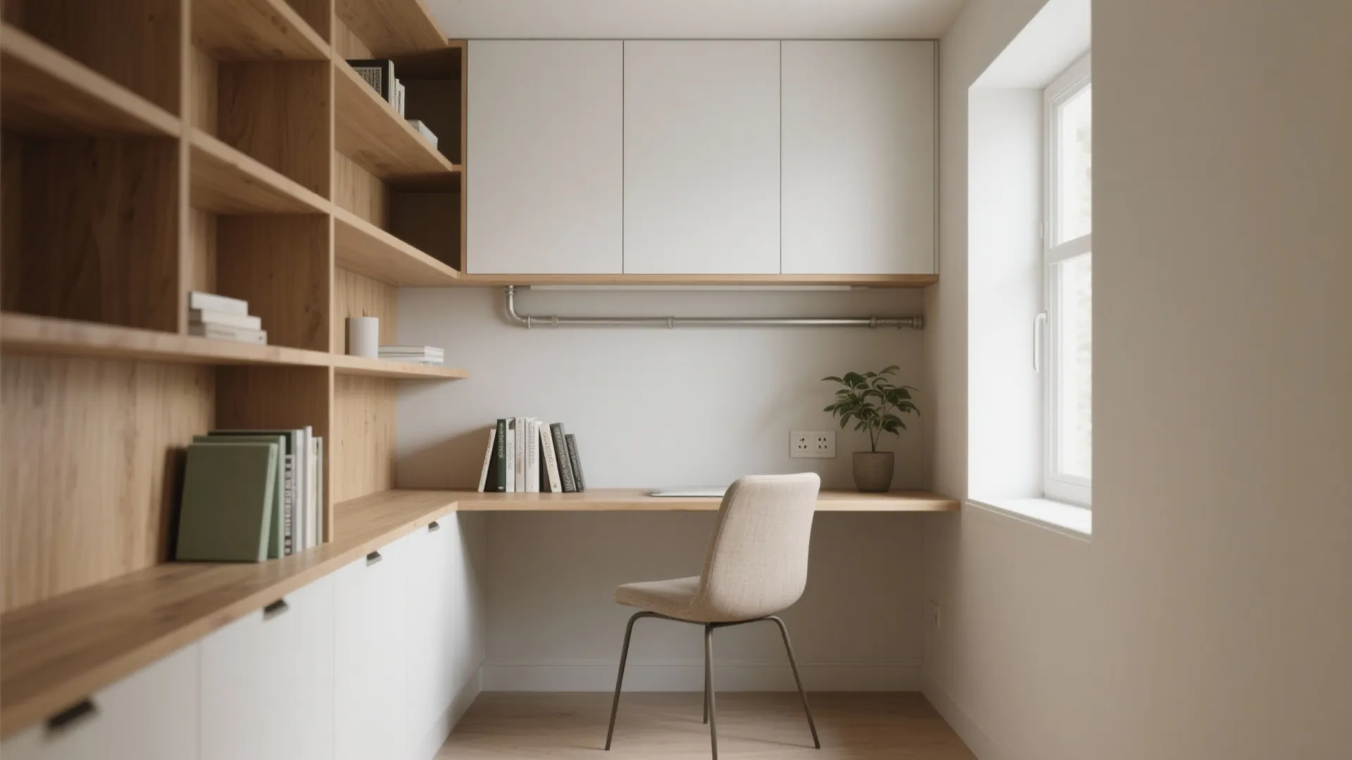 Modern study room with wooden bookshelves white cabinets a simple desk chair and natural window