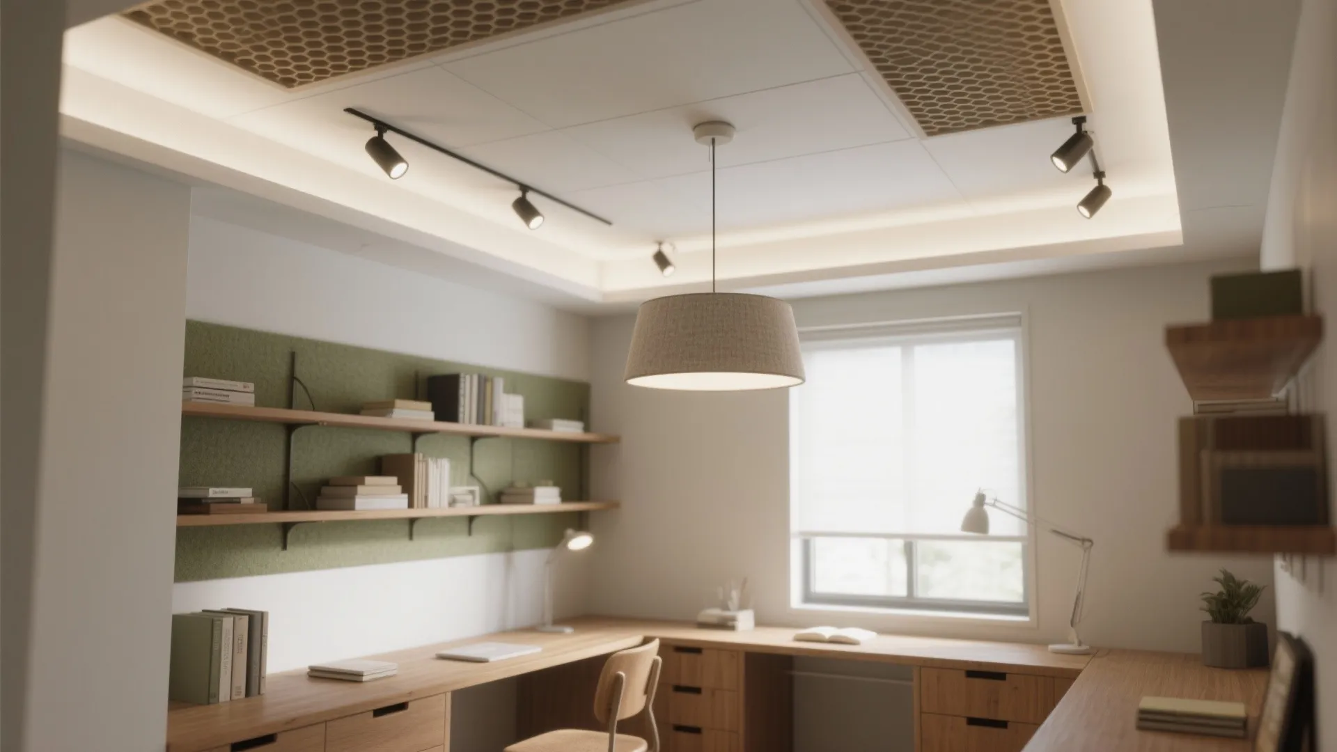 Modern home office with wood desk green wall panels bookshelves large window and warm ceiling light