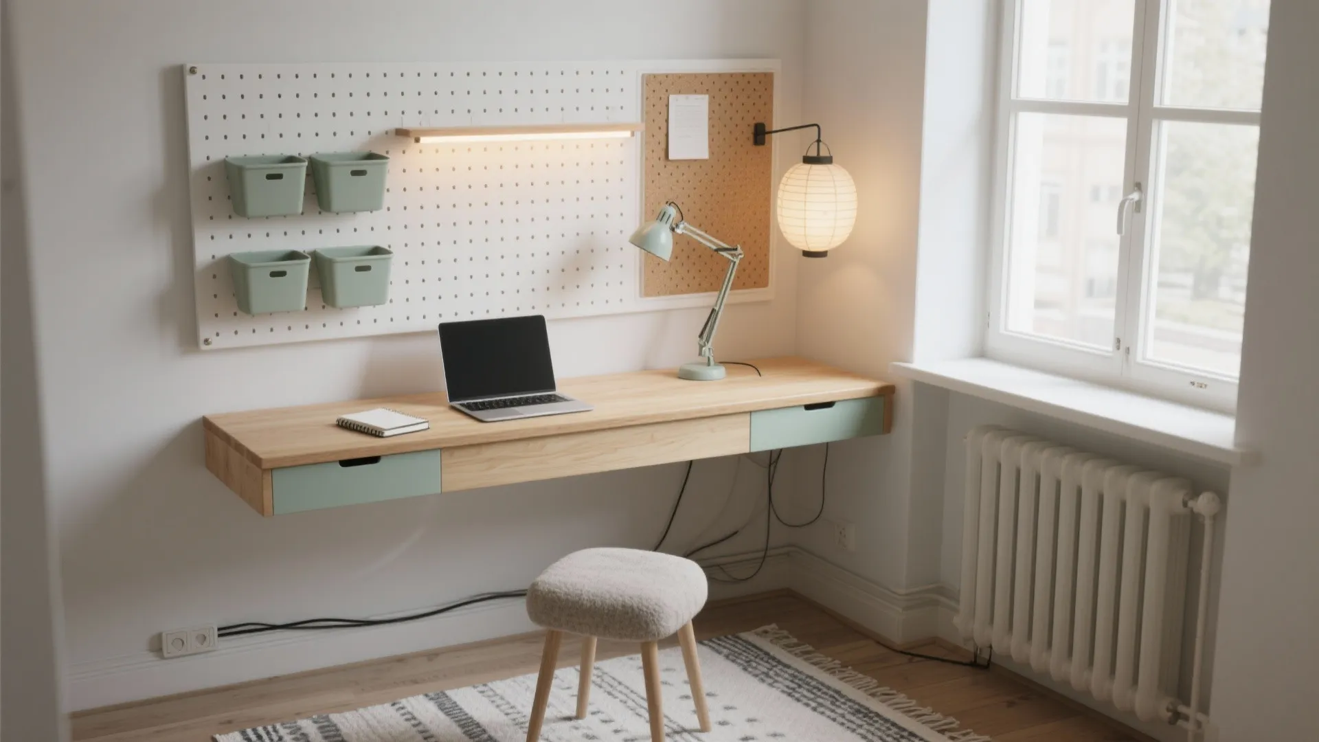 Minimalist home office with floating wood desk pegboard wall storage green desk lamp and stool