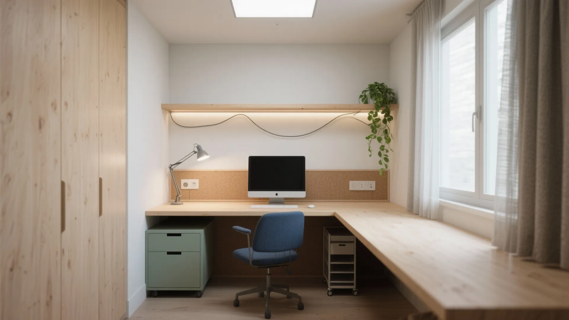 Bright home office with wood corner desk blue chair computer large window and hanging plant