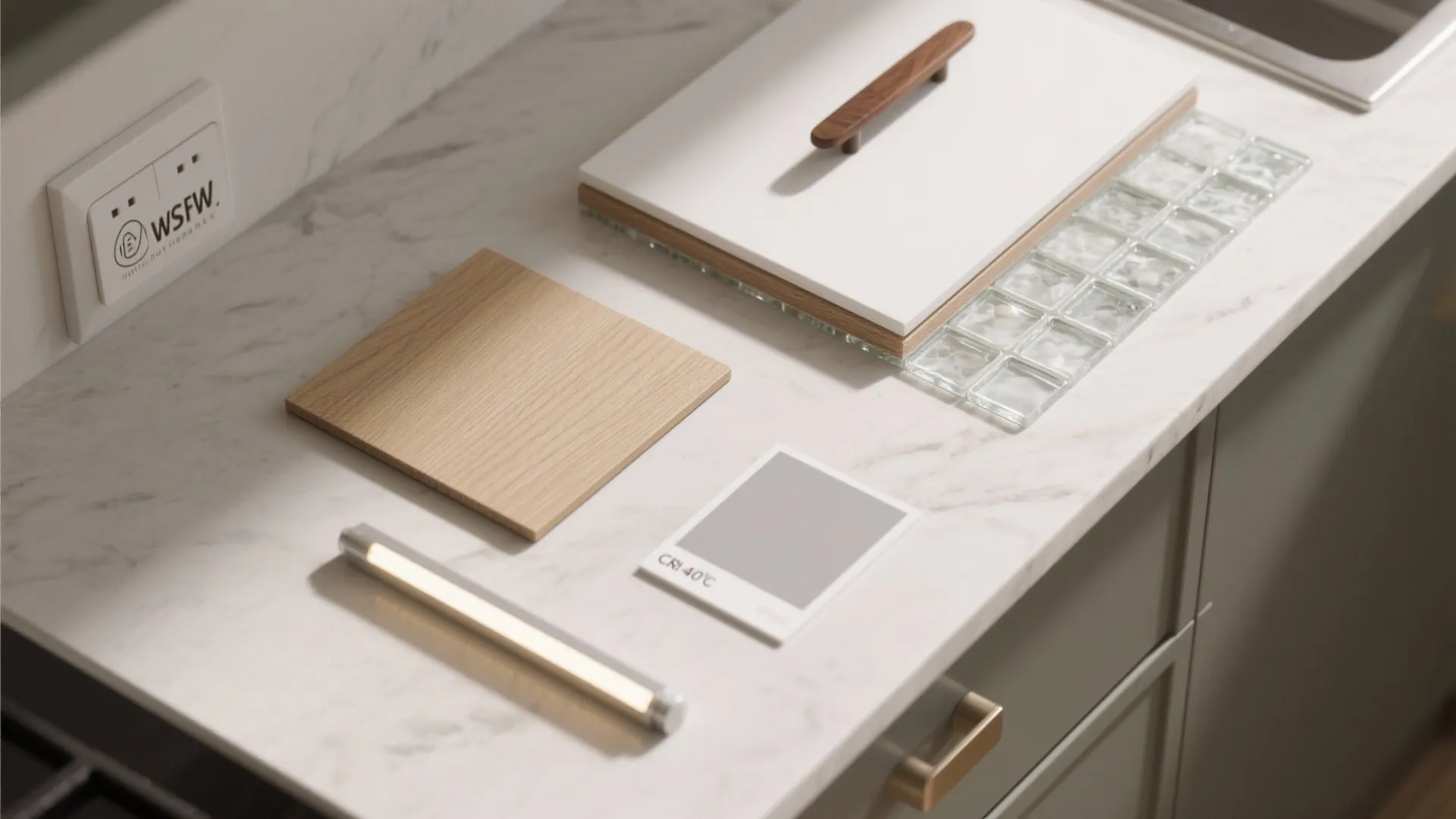 Selection of kitchen materials including wood tile glass and light fixture on white marble countertop