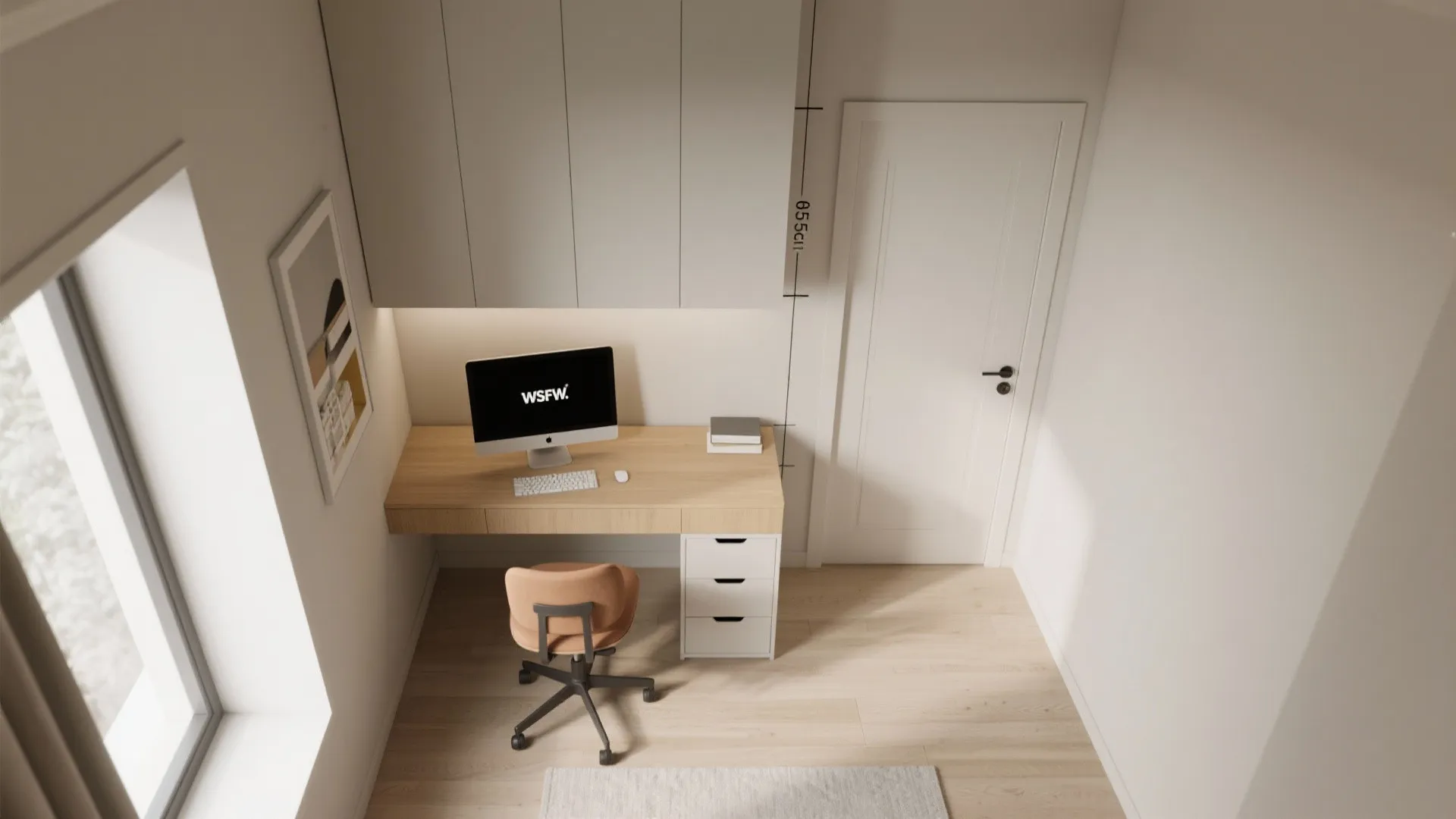 Top view of small study room layout with wooden desk white cabinet chair and computer