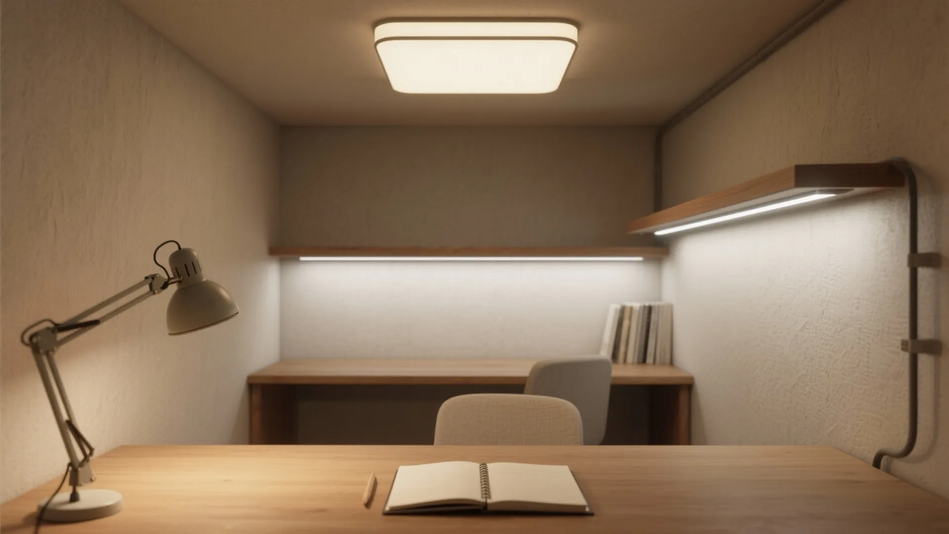Modern home office with wooden desk open notebook pencil desk lamp and warm ceiling light