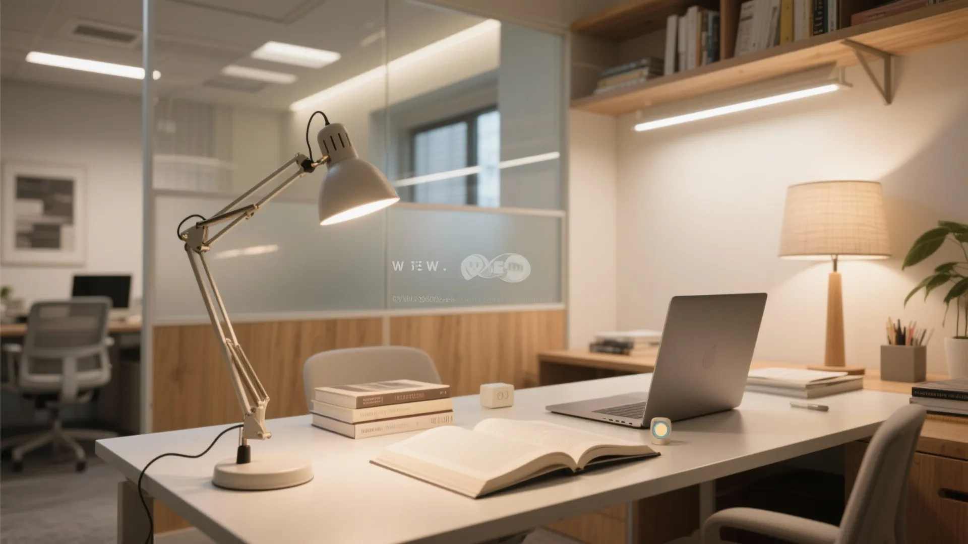White desk with adjustable lamp open book laptop and fabric shade table lamp in room