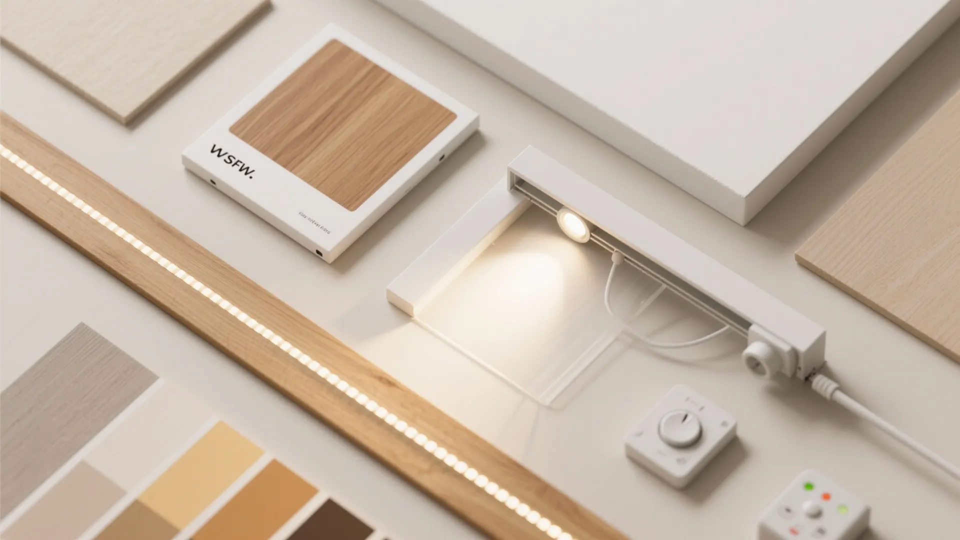 Flatlay of interior design materials including wood samples color swatches and small white light fixture