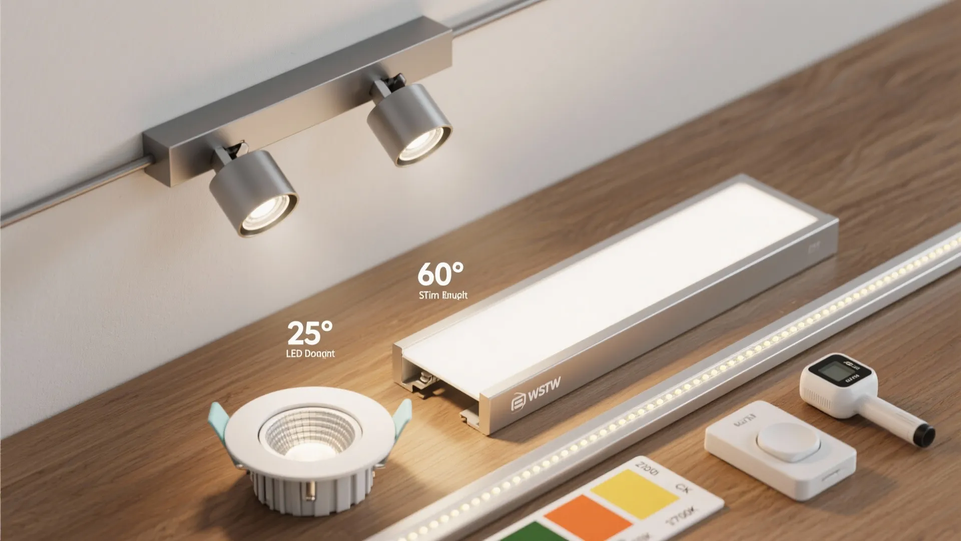 Various modern light fixture options including LED strips and spotlights displayed on a wooden surface