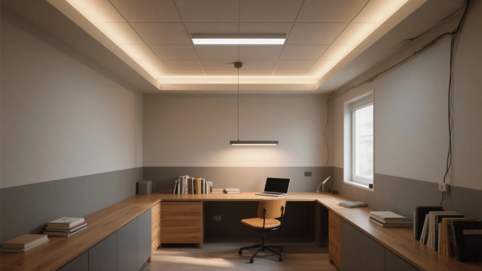 Modern study room with wooden corner desk a laptop chair books and warm ceiling light