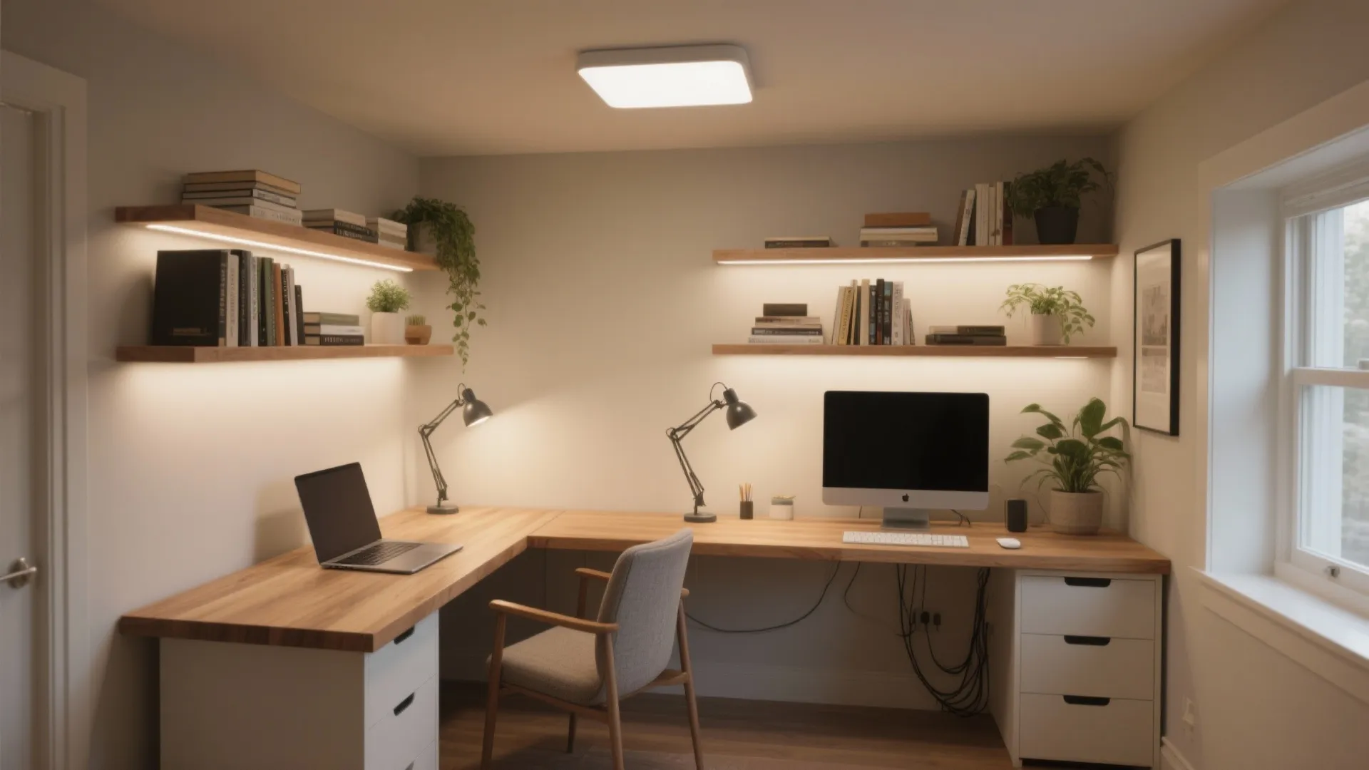 Home office with wooden corner desk laptop computer ceiling light wall shelves and desk lamps
