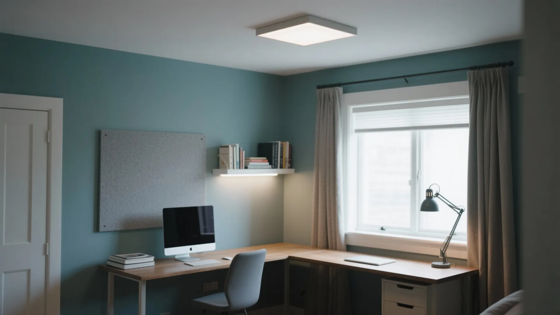 Bright study room with teal walls, wooden desk, computer, ceiling light, desk lamp, and window