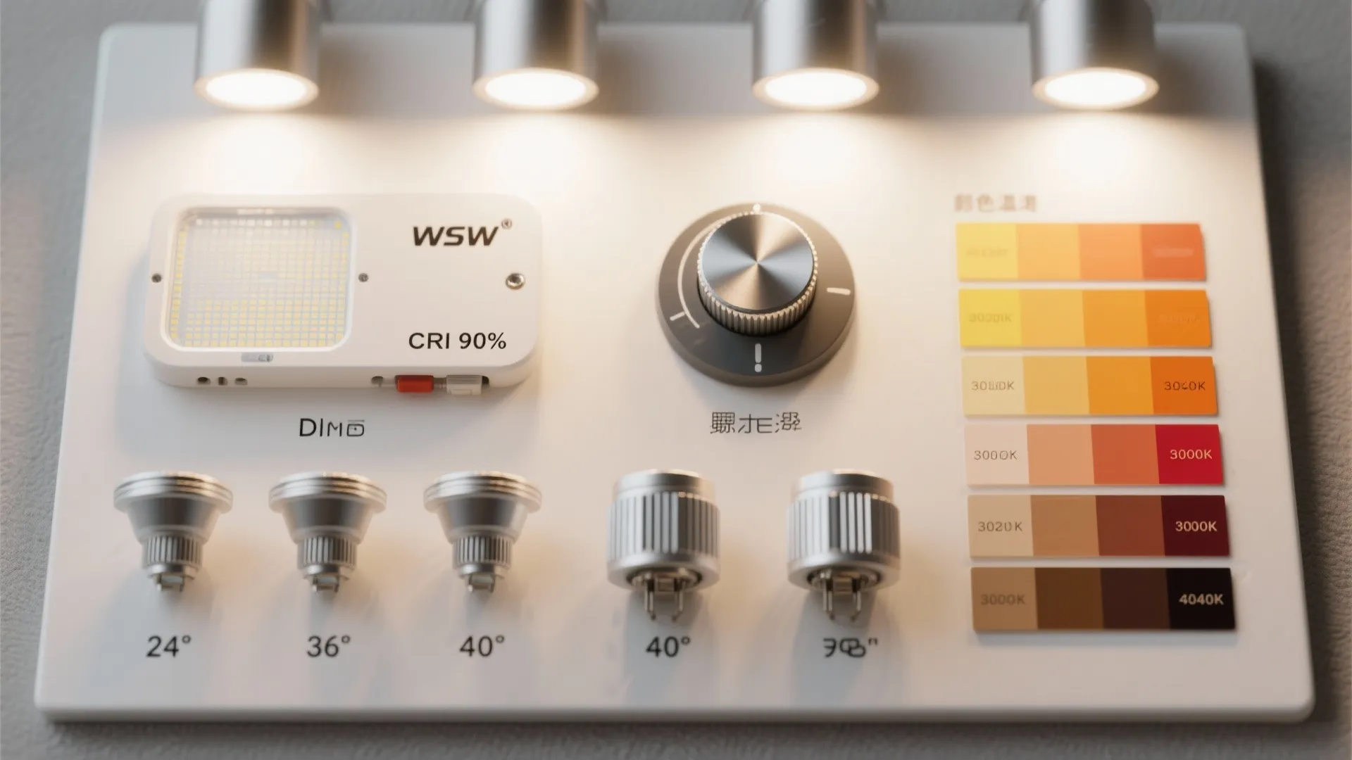 Macro details of high-CRI LED, dimmer, beam lenses, and 3000–4000K samples for study lighting.