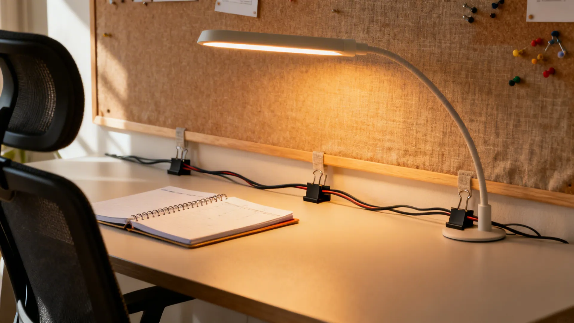 Macro of teen study desk with warm task lamp, ergonomic chair, and tidy cables.