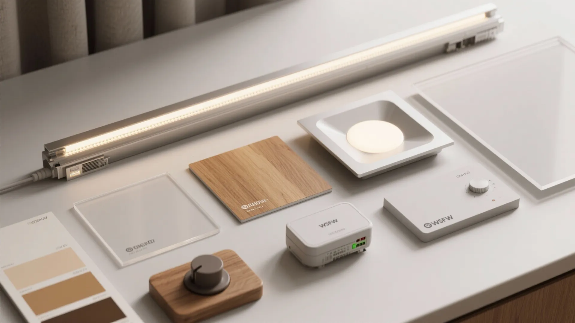 Collection of lighting samples including LED strips wooden blocks white switches and various color palettes