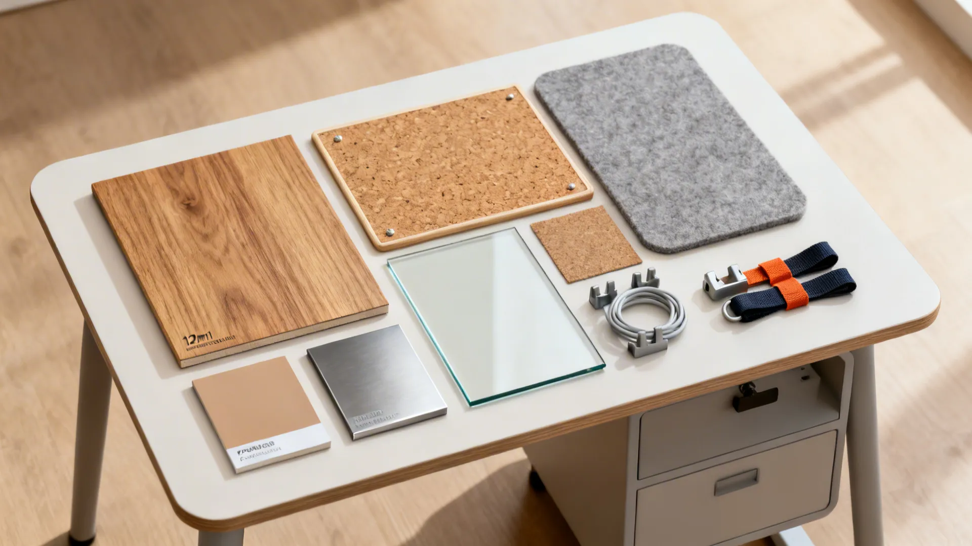 Flatlay of oak veneer, compact laminate, steel, glass, cork, felt, and cable accessories.