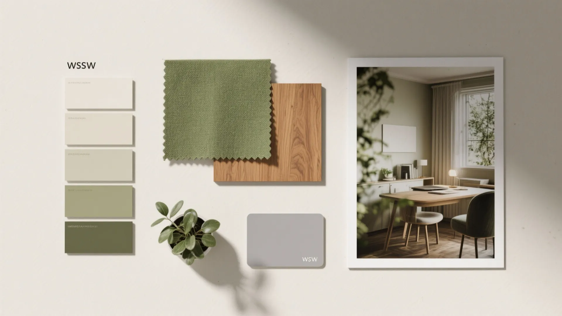 Study room mood board with green fabric swatch wood sample color palette and interior design drawing