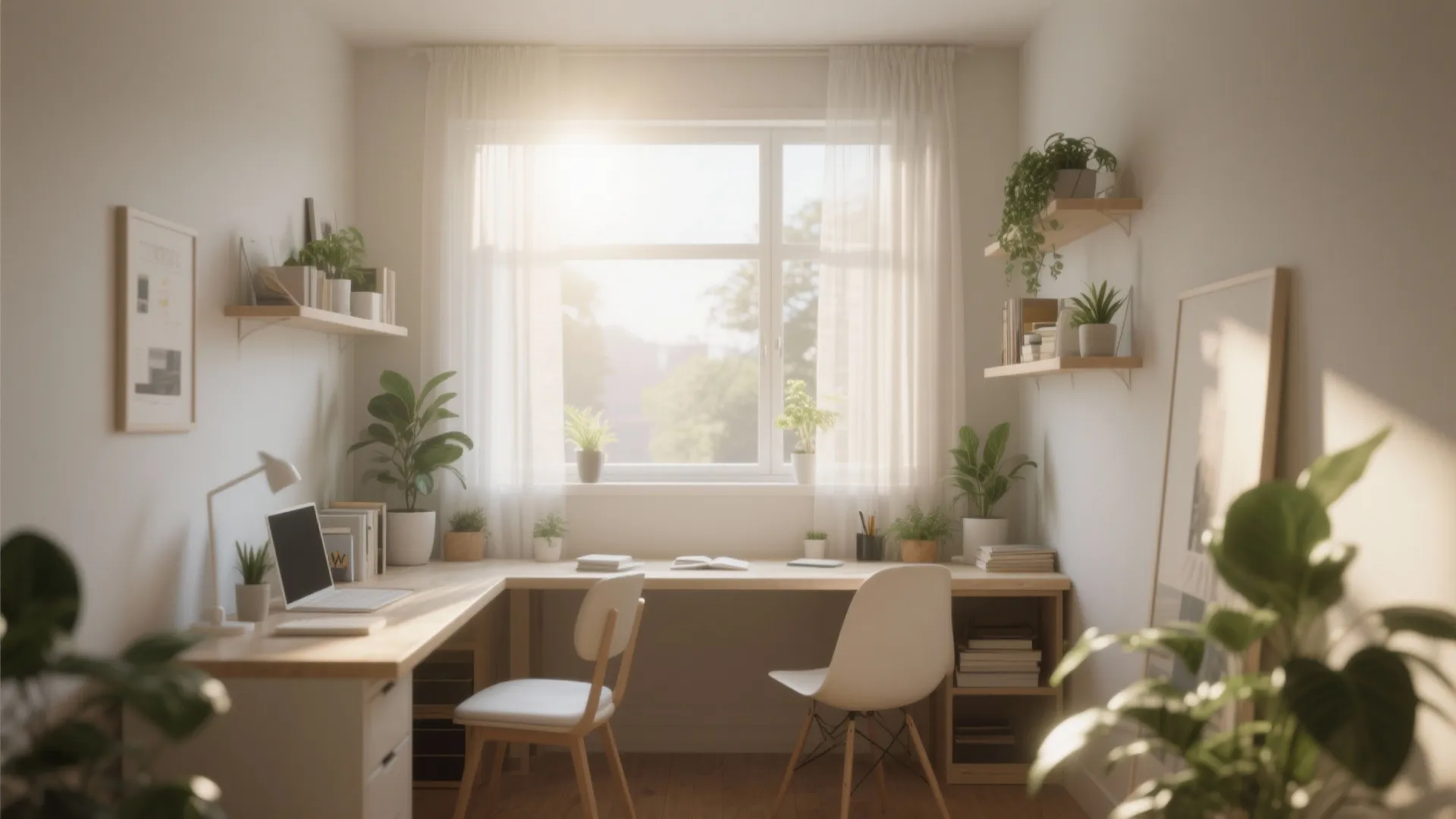 Bright home office with corner desk white chairs wall shelves green plants and natural window light