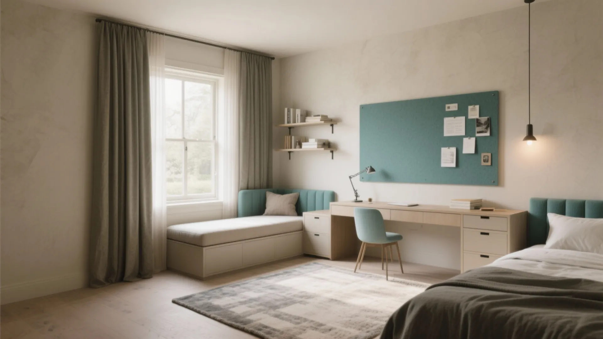 Bedroom two: Quiet study-nook with acoustic layers and calm tones